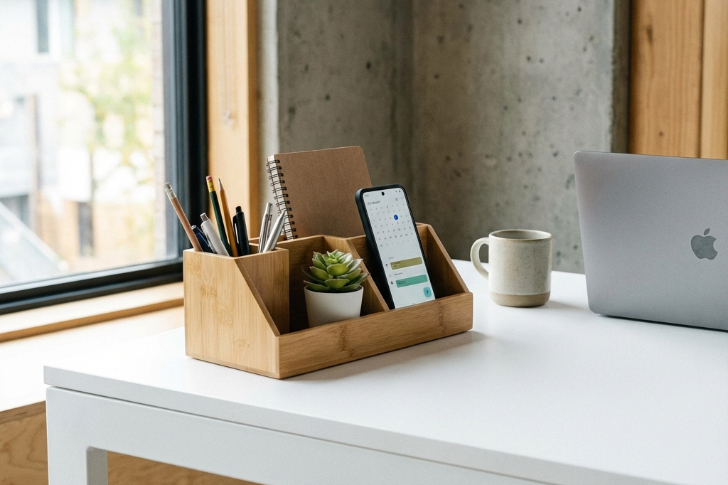 Bamboo Desktop Organizer with Phone Stand